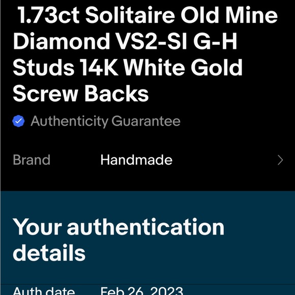 Diamond VS2-SI G-H Studs 14KWhite Gold Screw Backs GIA 1.73ct Solitaire Old Mine - Picture 6 of 12
